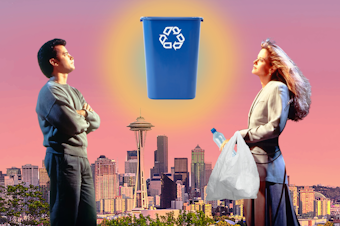 caption: "Sleepless in Seattle" characters Sam Baldwin (Tom Hanks) and Annie Reed (Meg Ryan), holding a plastic water bottle and plastic grocery bag, gaze up at a blue recycle bin. There is an aura coming from the bin, which hovers over the Seattle skyline on a pink gradient background.