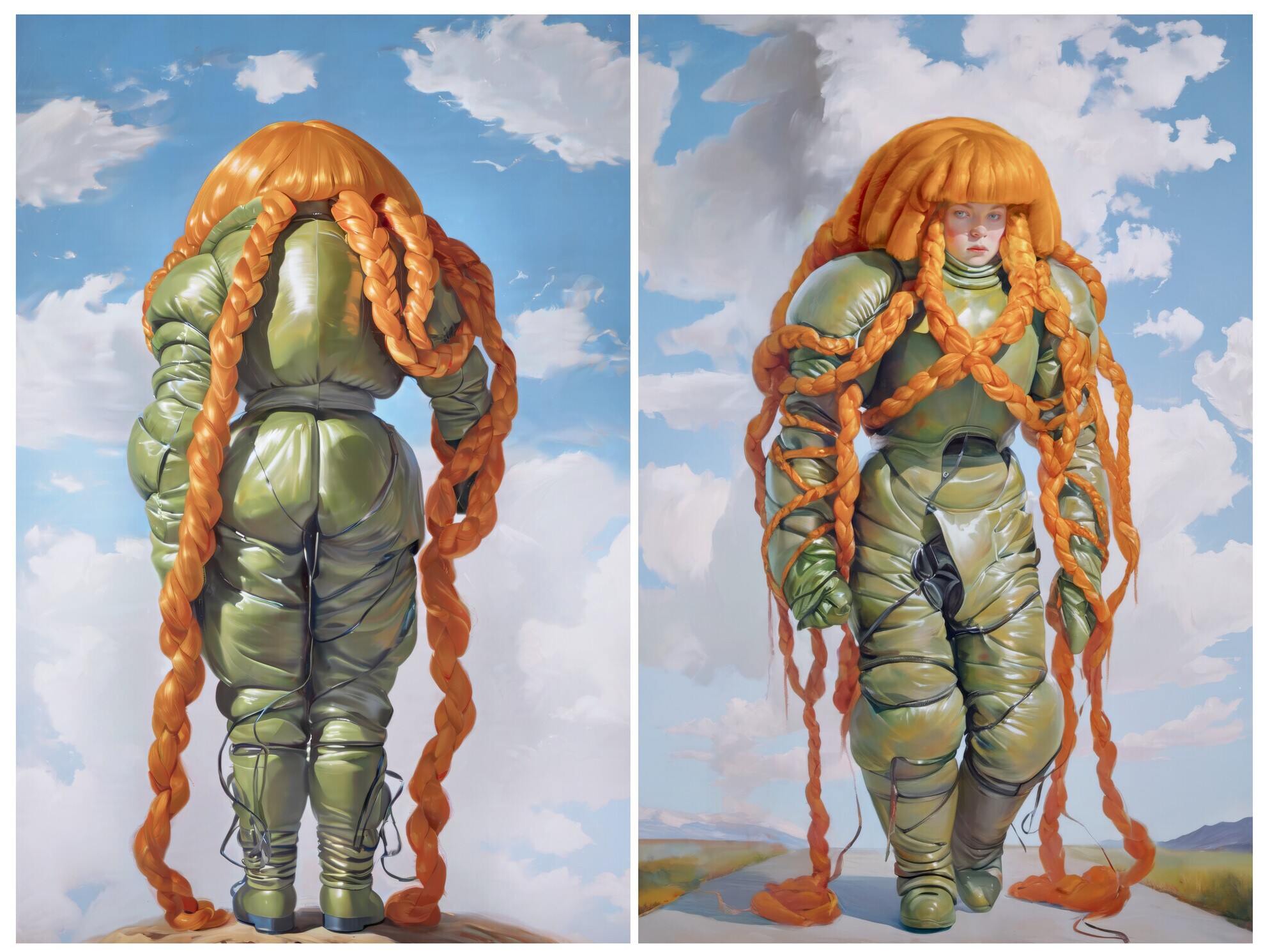 caption: A diptych from Holly Herndon and Mat Dryhurst's "xhairymutantx." The work, originally commissioned as part of a larger piece for the 2024 Whitney Biennial, is among those offered for sale at Christie's landmark AI art auction.