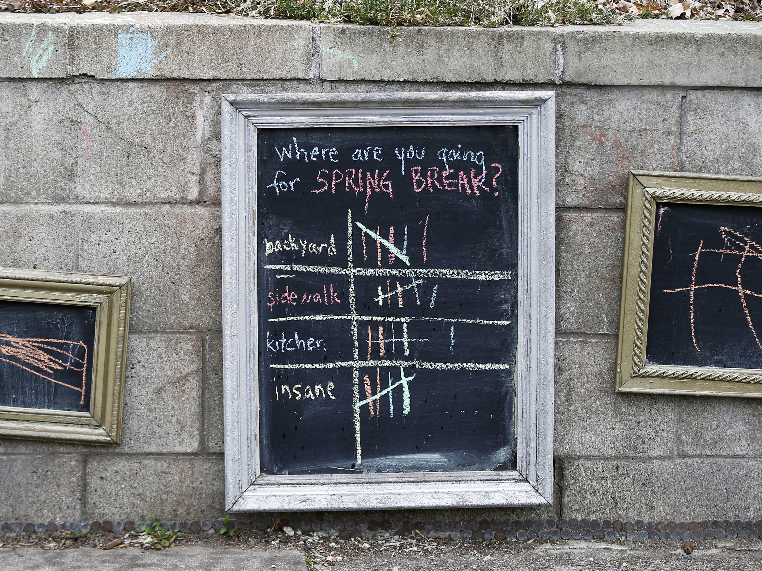 caption: For lighter moments during the coronavirus pandemic, passersby had an opportunity to vote for their stay at home spring break moments on the retaining wall of a home in St. Paul, Minn.