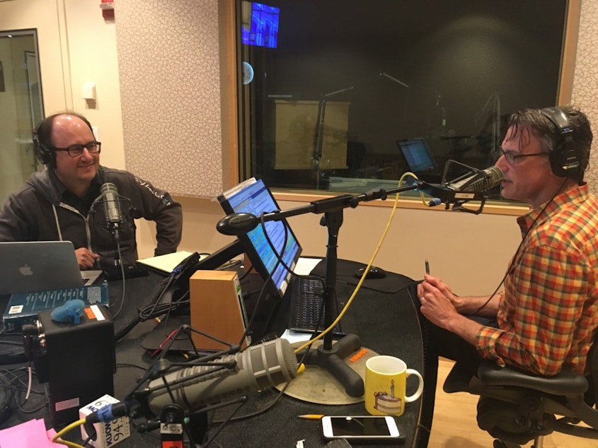 caption: Todd Bishop does his best to explain LinkedIn to KUOW's Bill Radke.