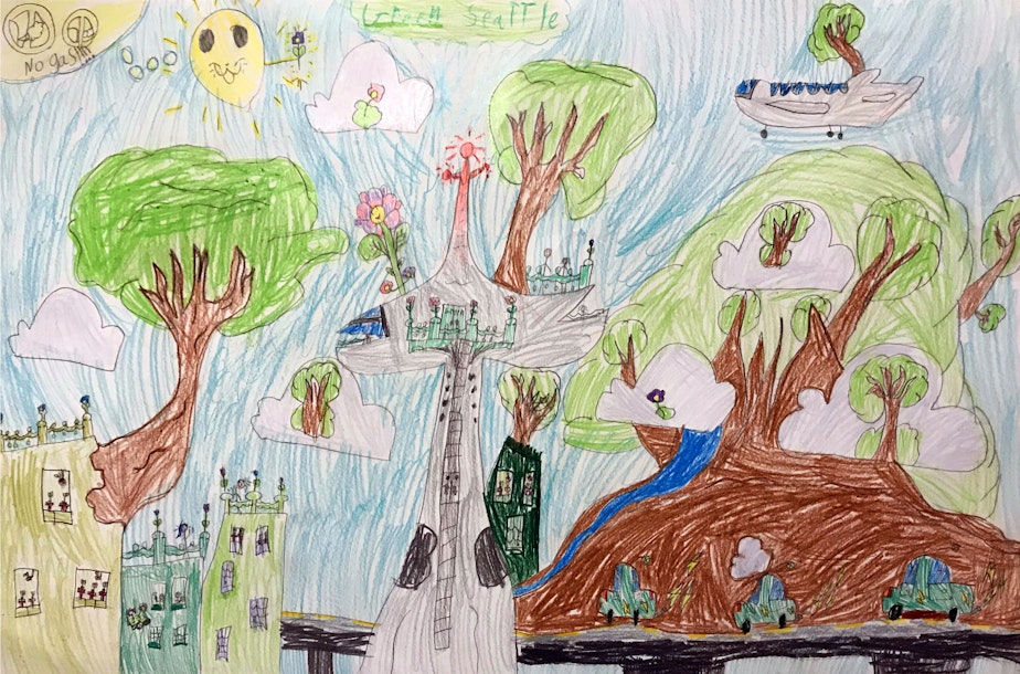 caption: Jane, 7, drew this version of a climate-friendly Seattle for a KUOW drawing contest.