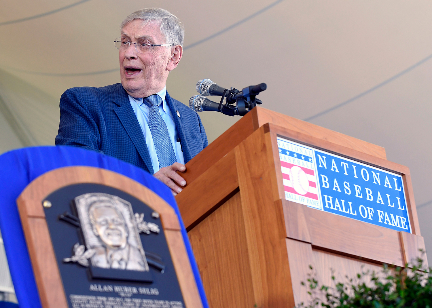 caption: National Baseball Hall of Fame inductee Bud Selig speaks during an induction ceremony at the Clark Sports Center, Sunday, July 30, 2017, in Cooperstown, N.Y. (Hans Pennink/AP Photo)