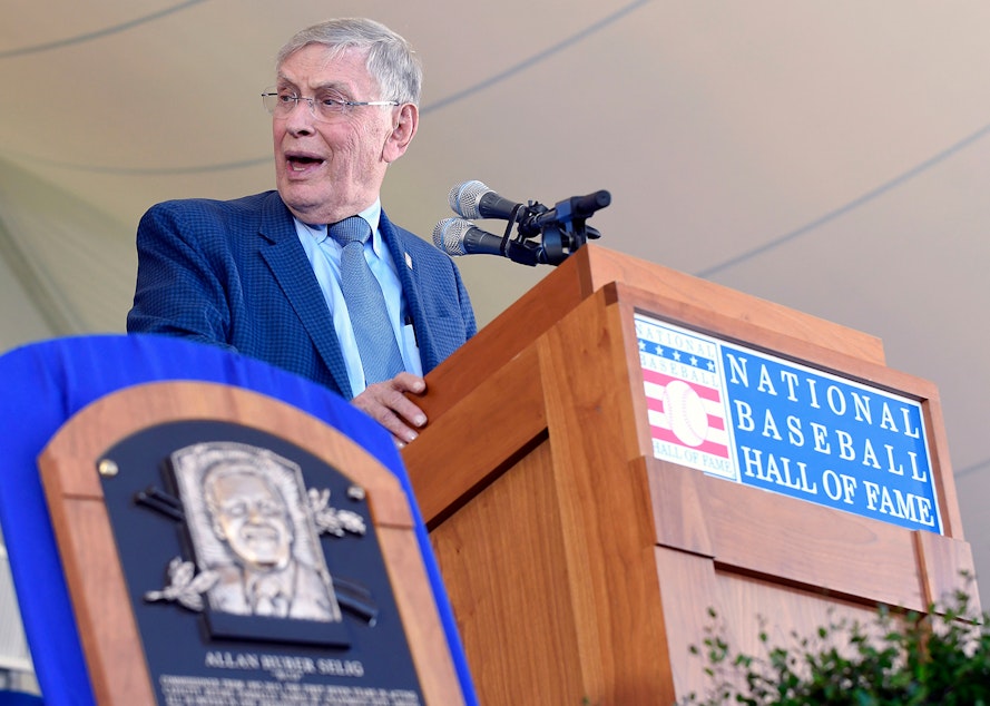 caption: National Baseball Hall of Fame inductee Bud Selig speaks during an induction ceremony at the Clark Sports Center, Sunday, July 30, 2017, in Cooperstown, N.Y. (Hans Pennink/AP Photo)