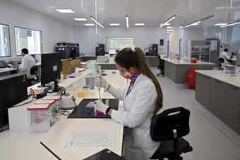 caption: Scientists work at the mAbxience biosimilar monoclonal antibody laboratory plant in Garin, Buenos Aires province, on August 14, 2020, where an experimental coronavirus vaccine will be produced for Latin America. - Argentina will manufacture while Mexico will pack and distribute in Latin America, except of Brazil, the vaccine against COVID-19 developed by the University of Oxford and the AstraZeneca laboratory. (Juan Mabromata/AFP via Getty Images)