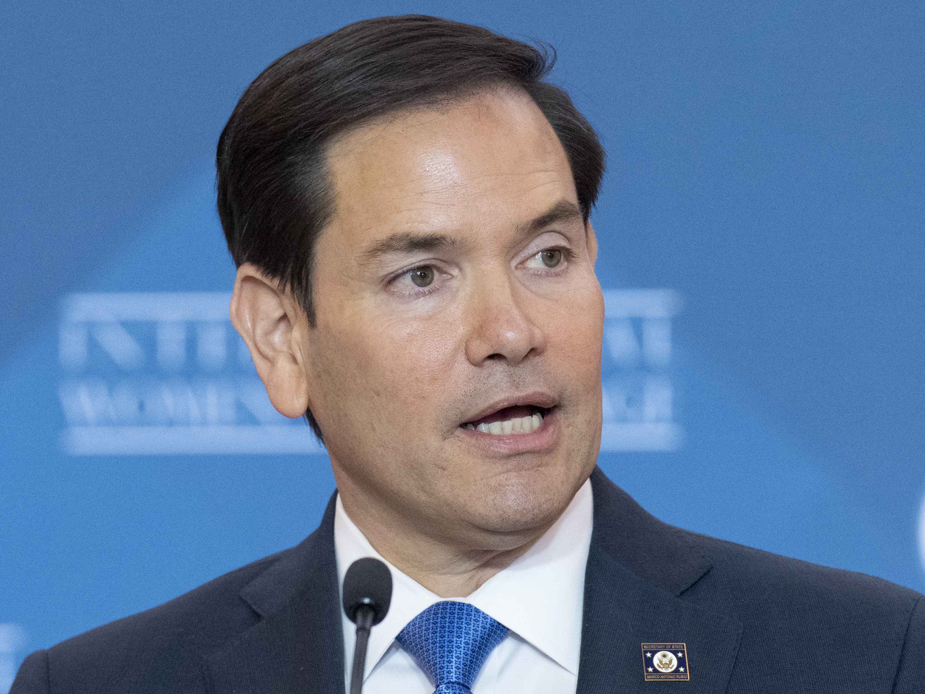 caption: Secretary of State Marco Rubio, speaks at the State Department in Washington, April 1 2025.