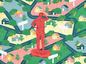 A person that resembles a figurine in a board game looks lost and puzzled. They stand on a landscape of roads and houses with way finding signs, feeling lost and unsure of which direction to go.