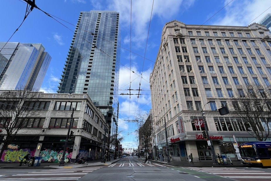 caption: Office buildings have also dropped in value in downtown Seattle.