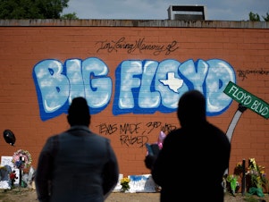 caption: A mural memorializes George Floyd is his hometown of Houston, where he was known as Big Floyd, and part of the city's hugely influential Screwed Up Click rap collective.