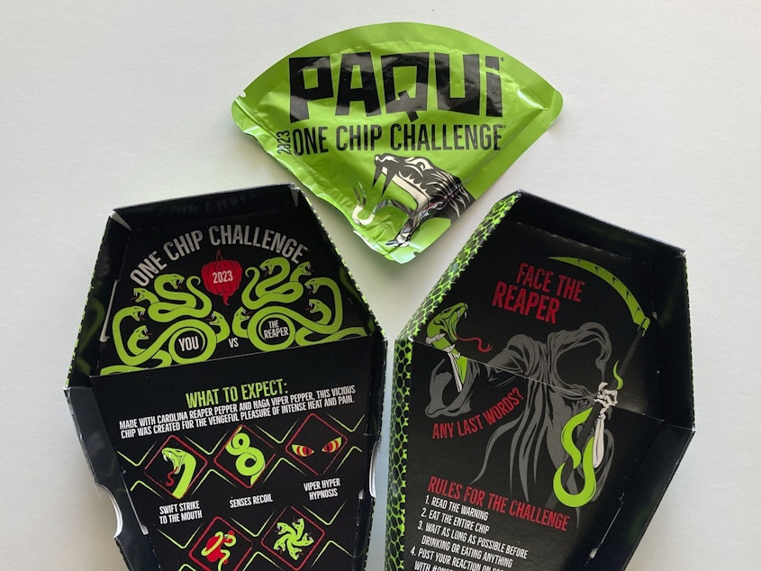caption: A package of Paqui OneChipChallenge spicy tortilla chips is seen on Thursday, Sept. 7, 2023, in Boston.