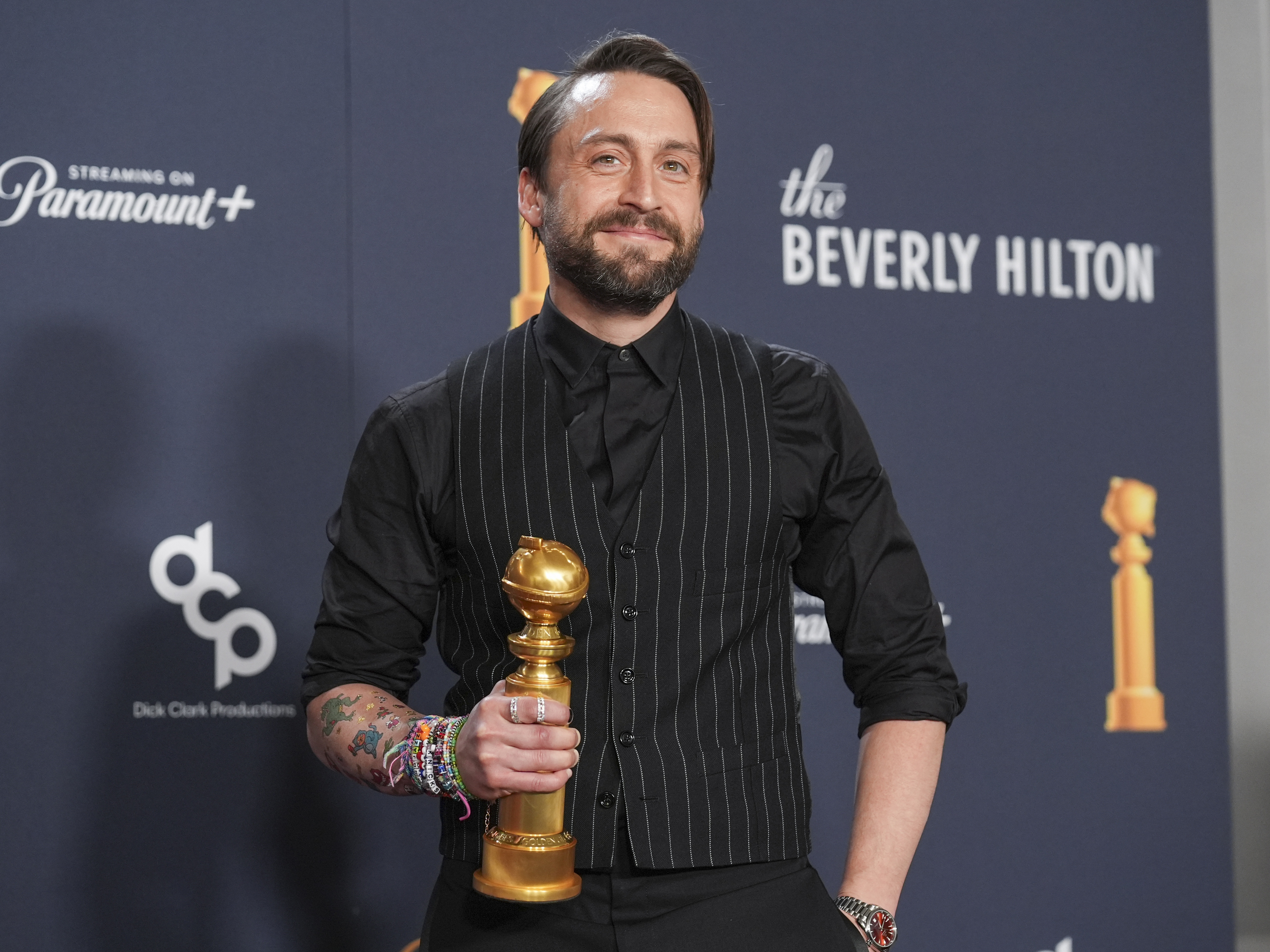 caption: Kieran Culkin in the press room at the Beverly Hilton after winning a Golden Globe for best supporting actor in a motion picture for his performance in <em>A Real Pain.</em>
