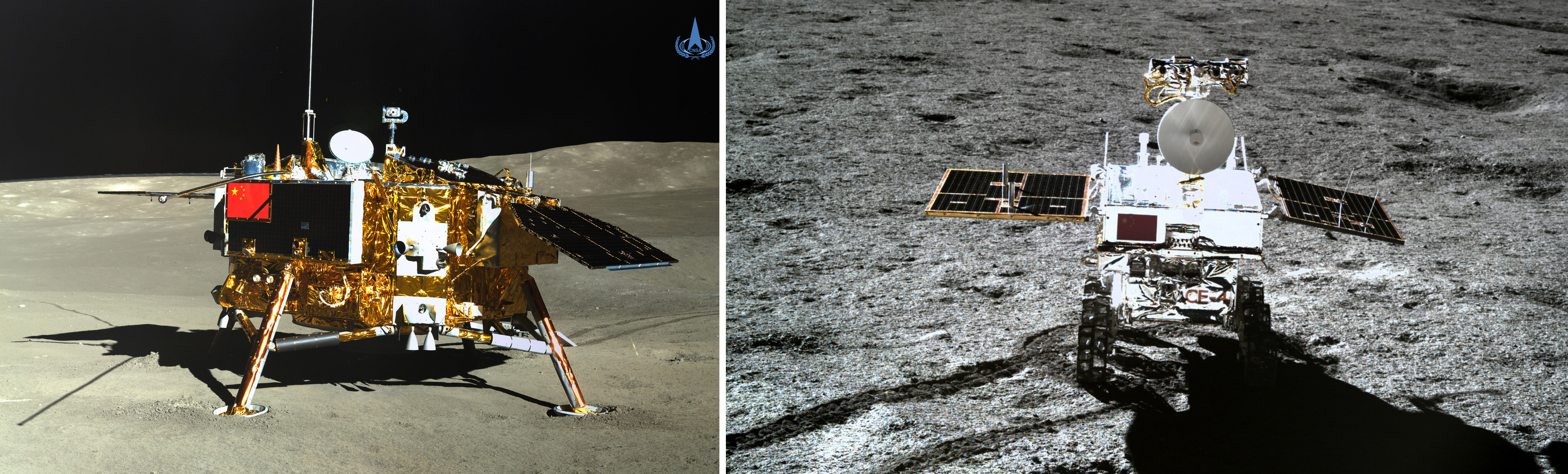 caption: (Left) The rover Yutu-2 (Jade Rabbit-2) took this photo of the Chang'e-4 probe's lander, and (right) the Chang'e-4 probe's lander took this photo of the rover Yutu-2 (Jade Rabbit-2), on Jan. 11.