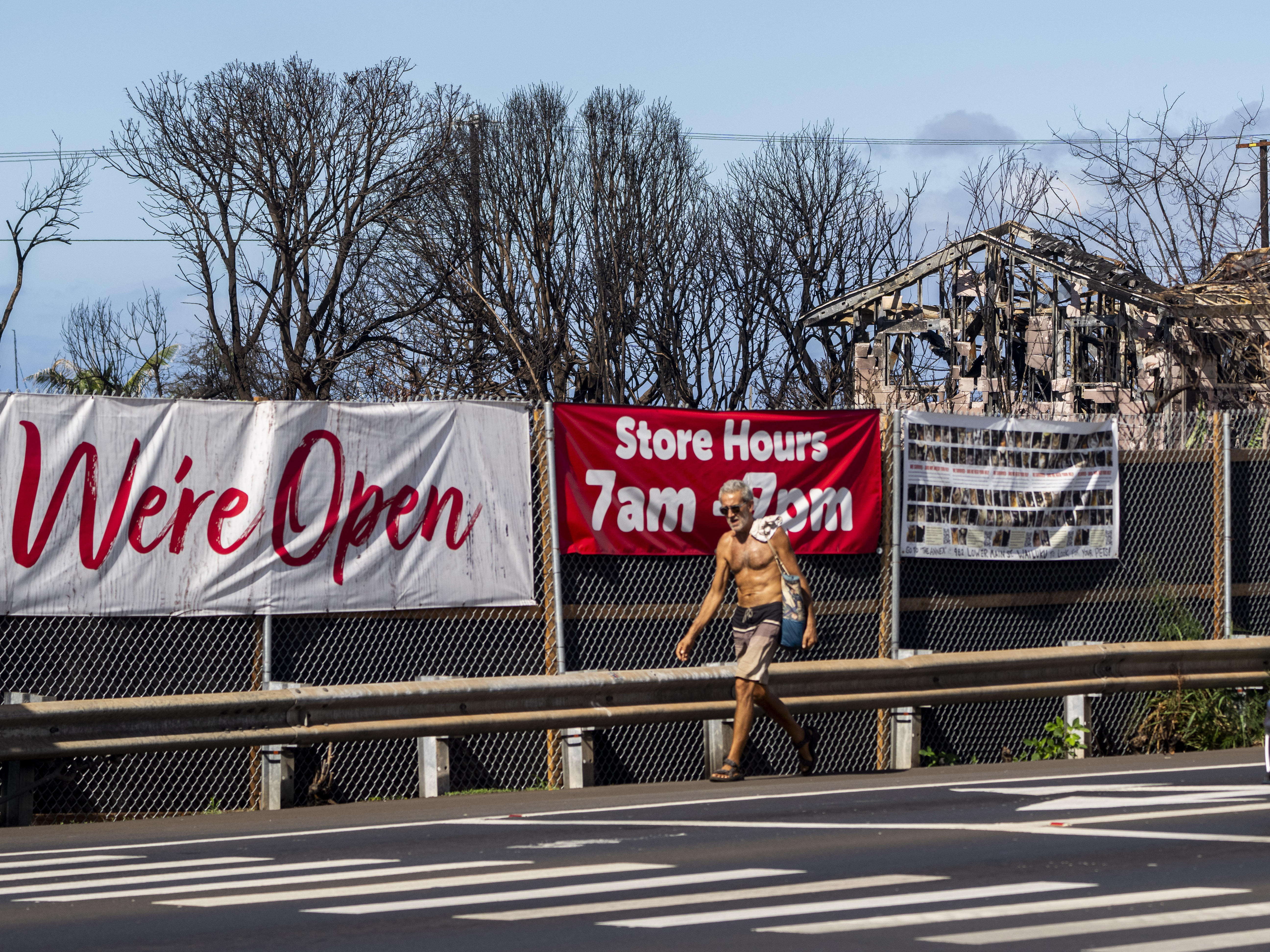 caption: Properties destroyed by wildfire sit behind signs advertising for a nearby Safeway that survived the fire, Wednesday, Dec. 6, 2023, in Lahaina, Hawaii.