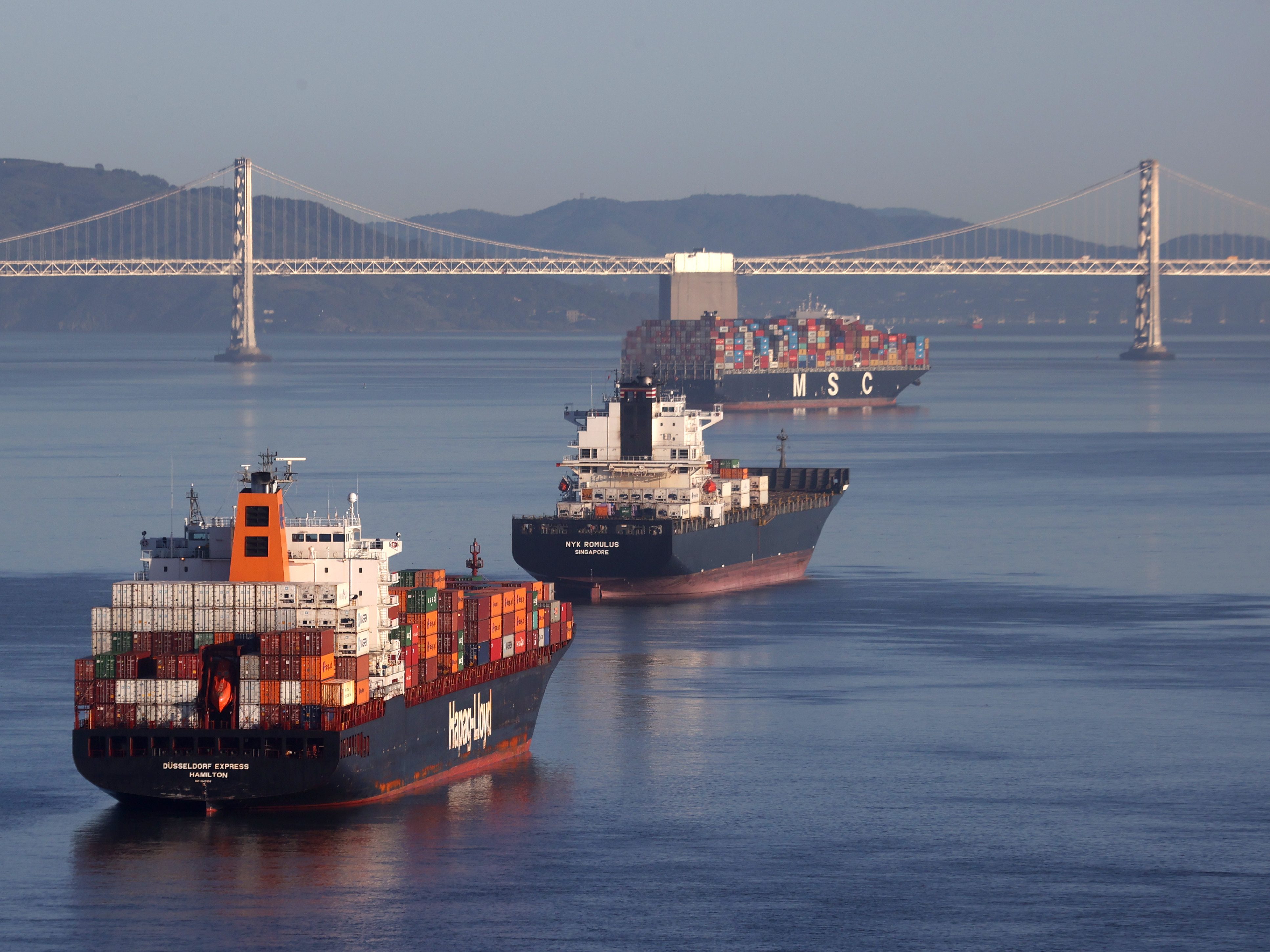 Container ships sit idle in San Francisco Bay just outside of the Port of Oakland in San Francisco in March.