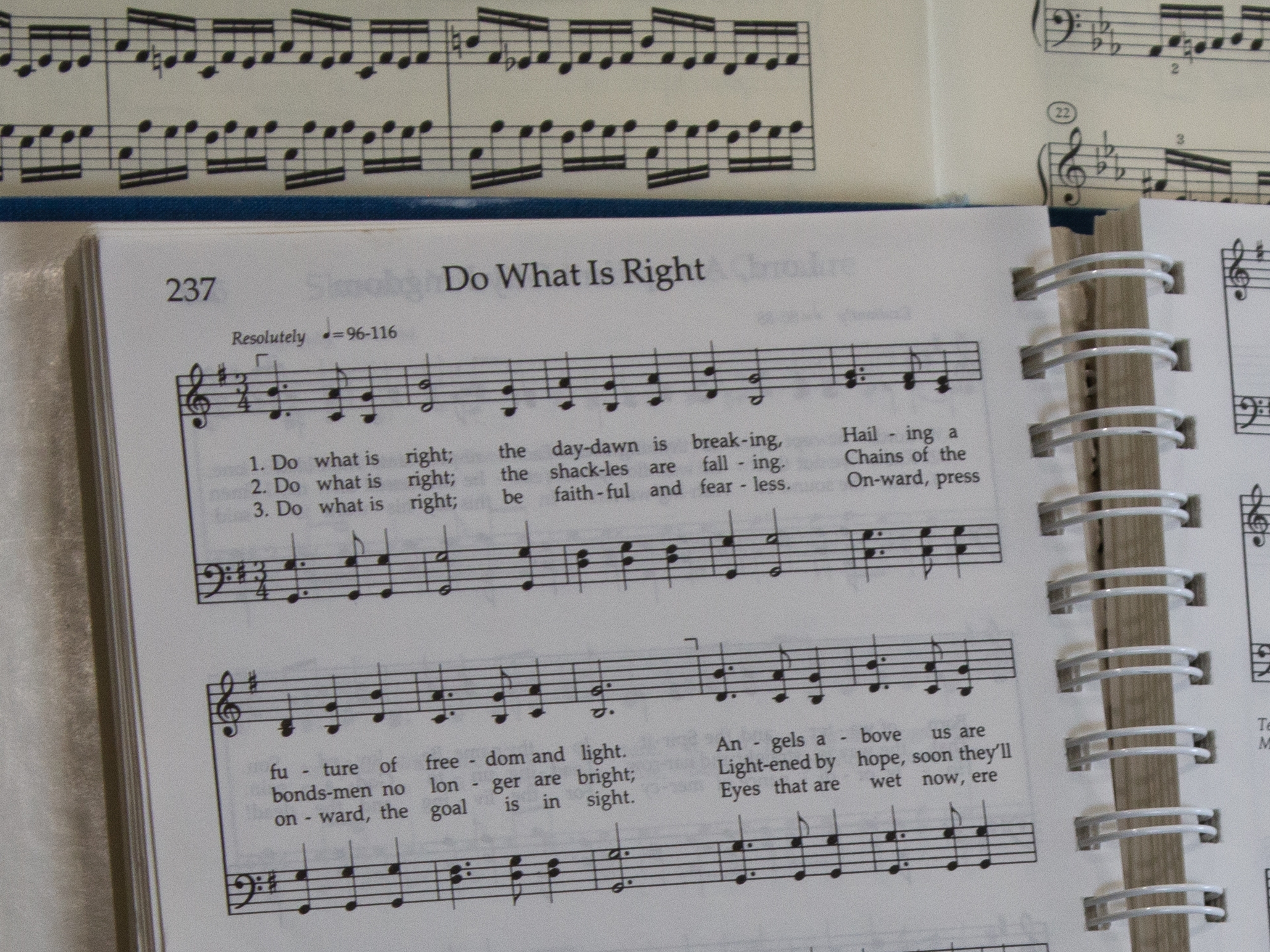 caption: This hymn, here on the piano of one of the leaders of Mormon Women for Ethical Government, is cited as inspiration by one of the plaintiffs in the case that is forcing Utah lawmakers to redistrict.