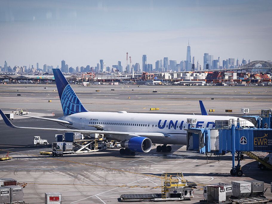 caption: A United Airlines 767-300ER at the gate at Newark Liberty International Airport on March 18, 2026.