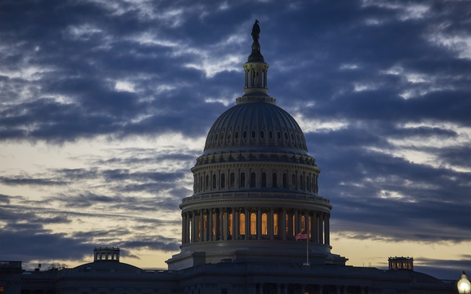 caption: Dawn arrives at the Capitol in Washington, D.C., as the partial government shutdown enters day 18, Tuesday, Jan. 8, 2019.