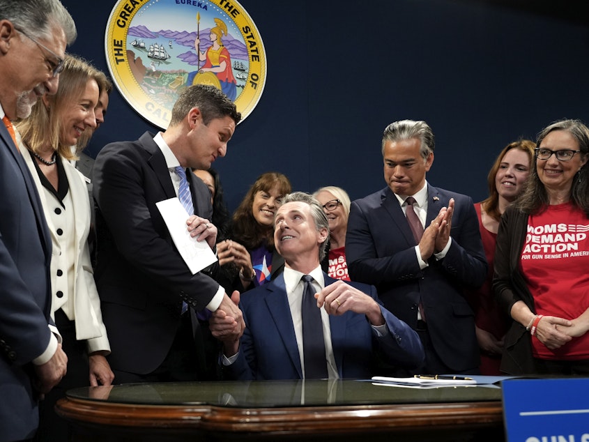 caption: California Gov. Gavin Newsom shakes hands with Assemblymember Jesse Gabriel, D-Los Angeles County, after signing Gabriel's bill that raises taxes on guns and ammunition in Sacramento on Tuesday, Sept. 26, 2023.