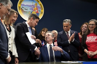 caption: California Gov. Gavin Newsom shakes hands with Assemblymember Jesse Gabriel, D-Los Angeles County, after signing Gabriel's bill that raises taxes on guns and ammunition in Sacramento on Tuesday, Sept. 26, 2023.