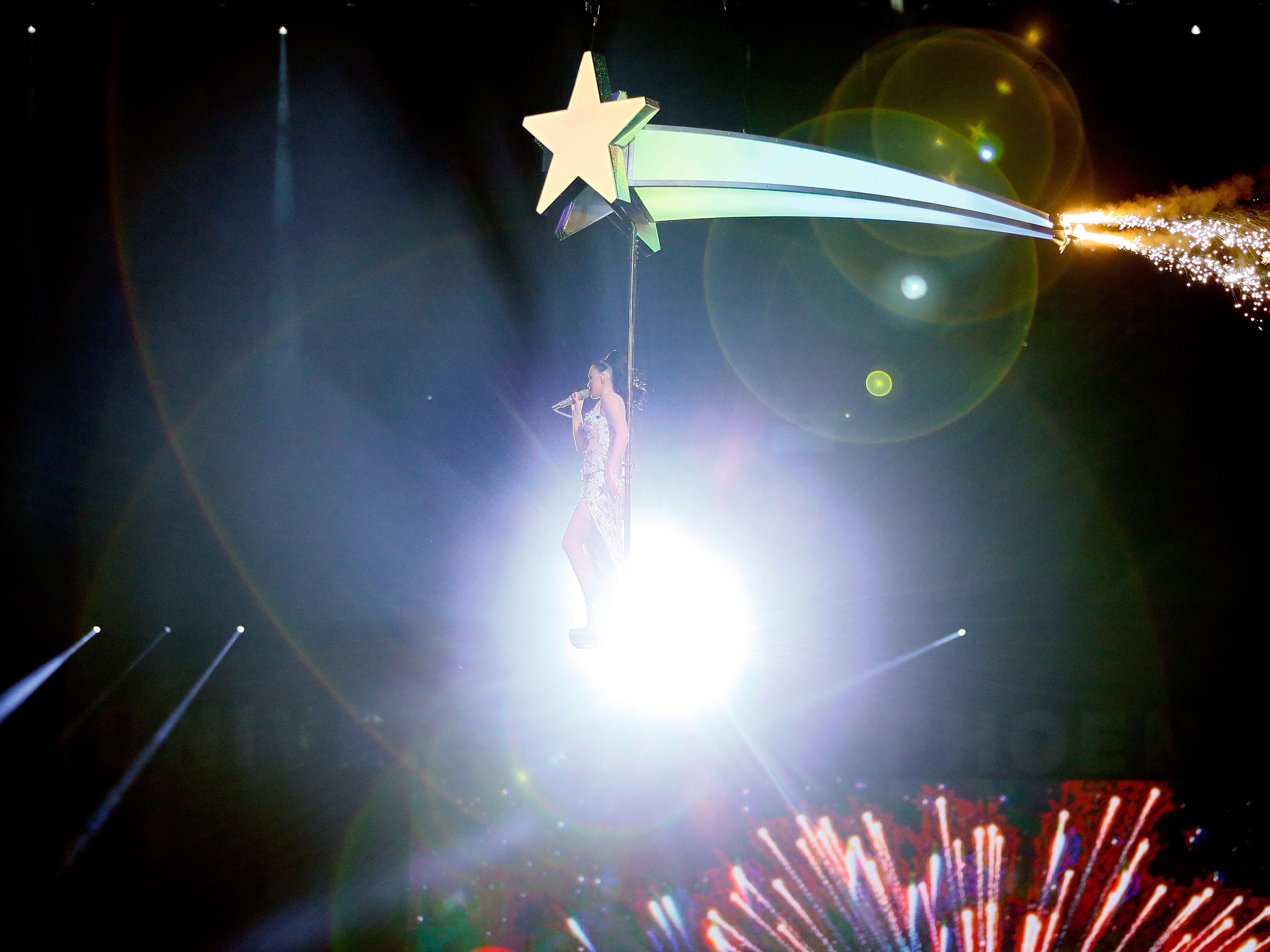 caption: Katy Perry performs during 2015 Super Bowl XLIX Halftime Show at University of Phoenix Stadium in Glendale, Ariz.
