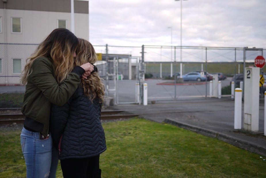 caption: Ruby and Brenda Amezquita outside the Northwest Detention Center in Tacoma. 