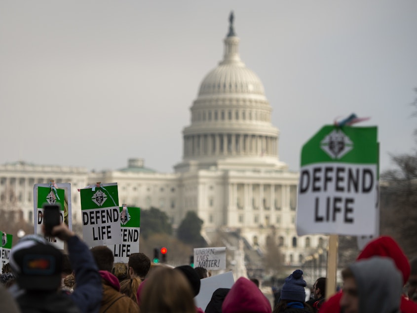 caption: Students and activists carry signs during the annual "March for Life" in Washington, D.C., earlier this year.