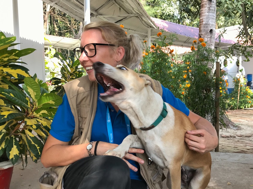 caption: Foxtrot and Gemma Snowdon of the U.N.'s World Food Programme, who rescued the lost 4-week-old puppy.