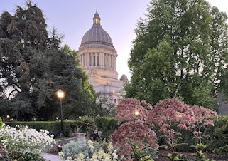 caption: The flowers in the Washington State Capitol's sunken garden will be back in bloom by the time the 2023 Washington legislative session wraps up. The session starts Monday, January 9.