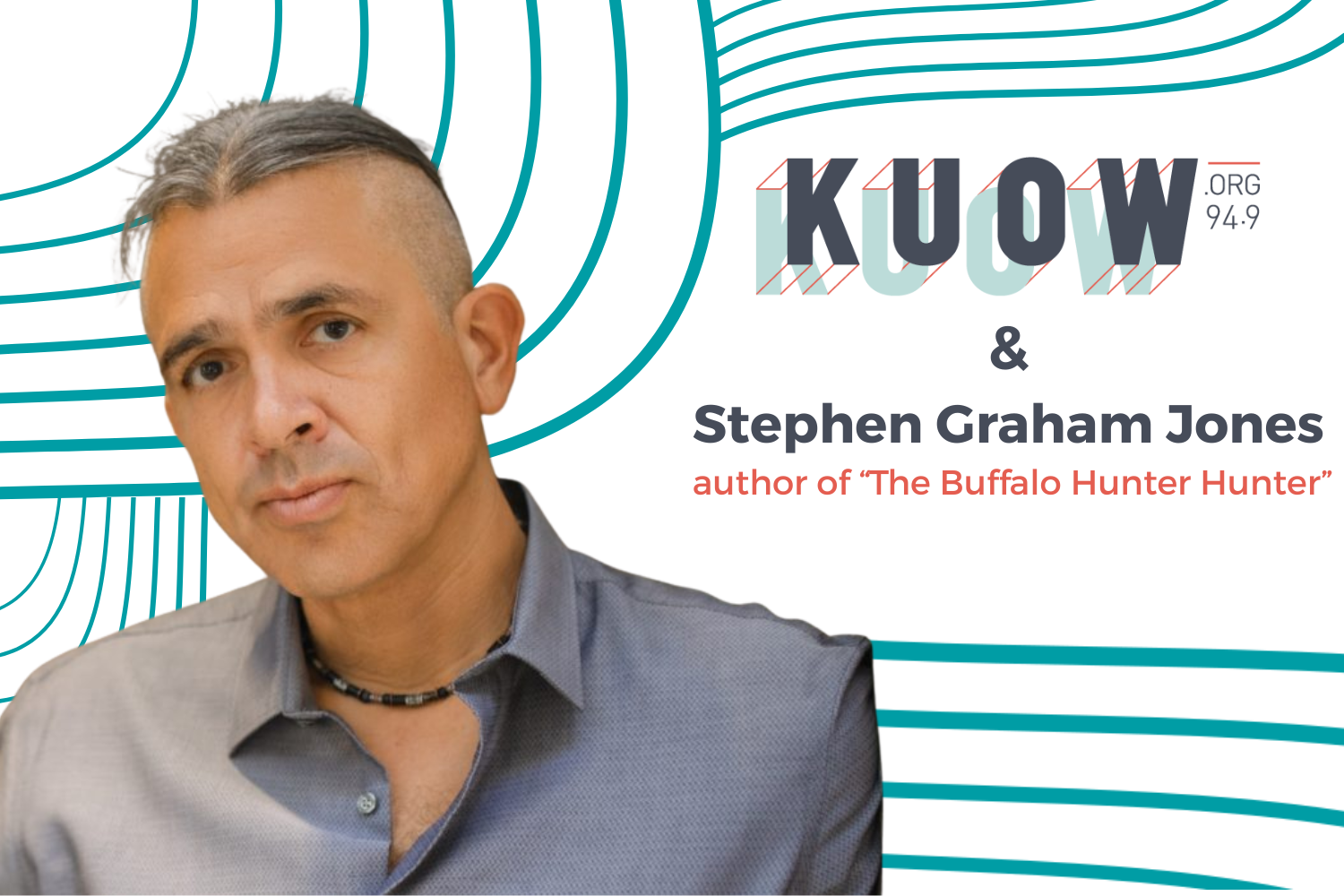 caption: Meet Me Here co-host Katie Campbell recently interviewed author Stephen Graham Jones about his latest novel, "The Buffalo Hunter Hunter." Jones spoke at Town Hall Seattle on Monday, March 30, 2026.