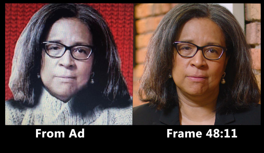 caption: Before and after picture of a 2020 attack ad that targets Democrat Marilyn Strickland 