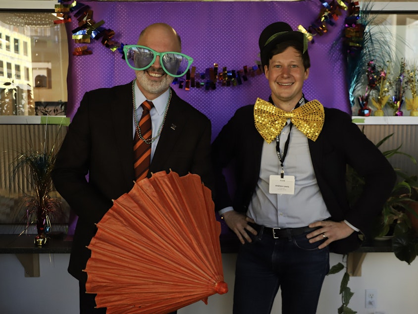 caption: Andrew Lewis and Bob Kettle. KUOW offices. Seattle Oct. 6 2023