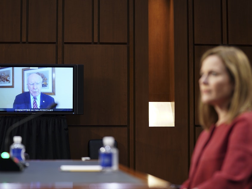 caption: Sen. Patrick Leahy, D-Vt., speaks via videoconference during Amy Coney Barrett's Supreme Court confirmation hearing on Tuesday.