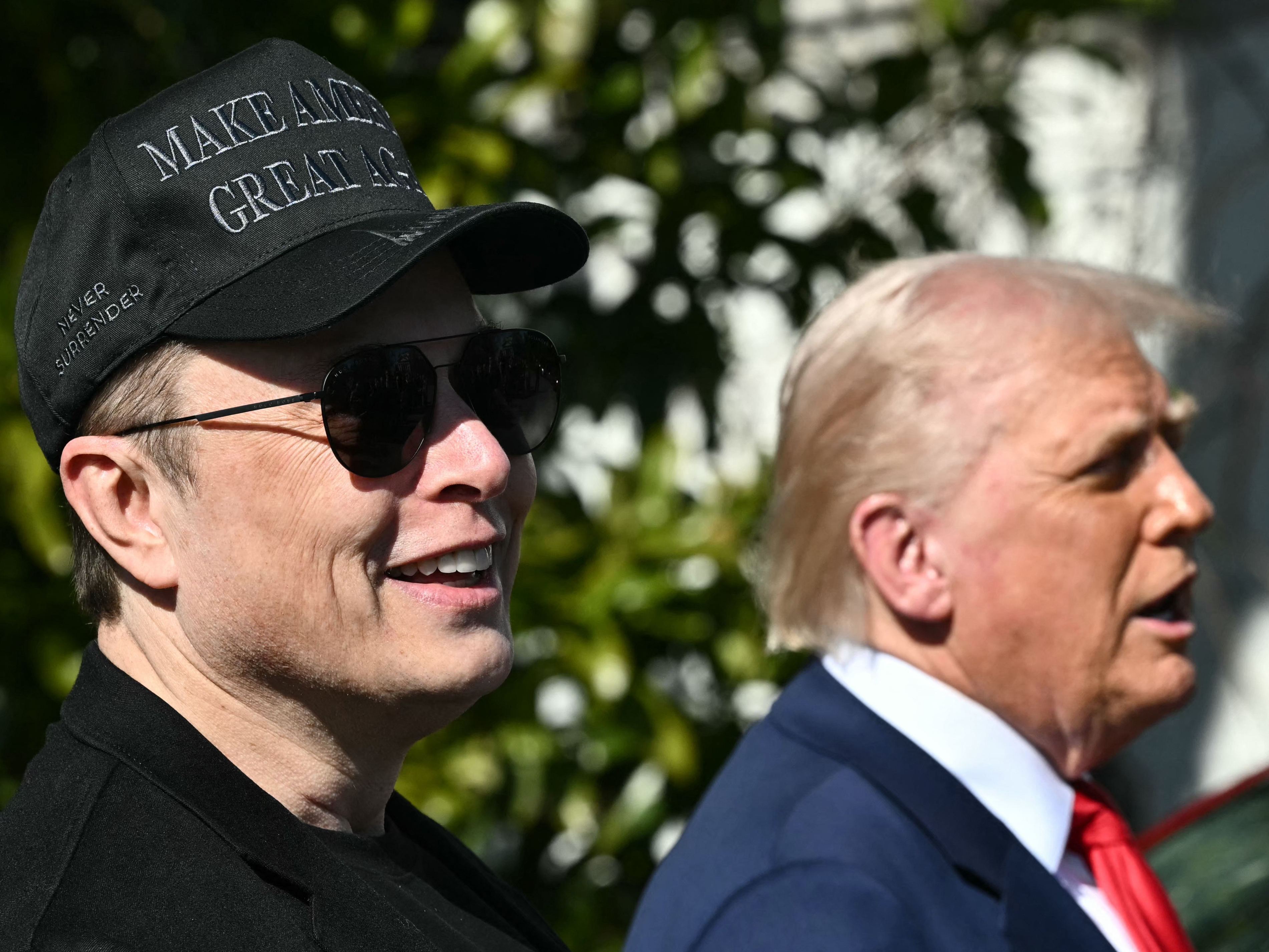 caption: President Donald Trump and Tesla CEO Elon Musk speak to the press at the White House on March 11