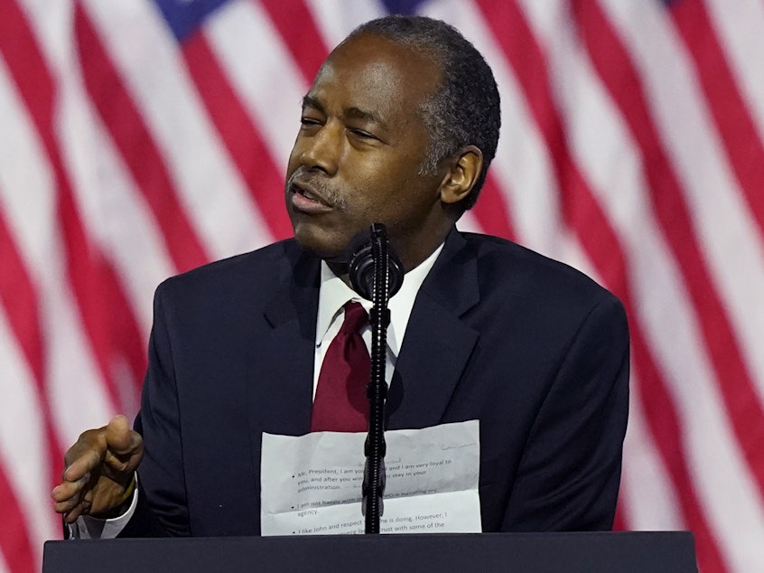 caption: Housing and Urban Development Secretary Ben Carson speaks in September in Atlanta. Carson is the latest Trump administration official to test positive for the coronavirus.