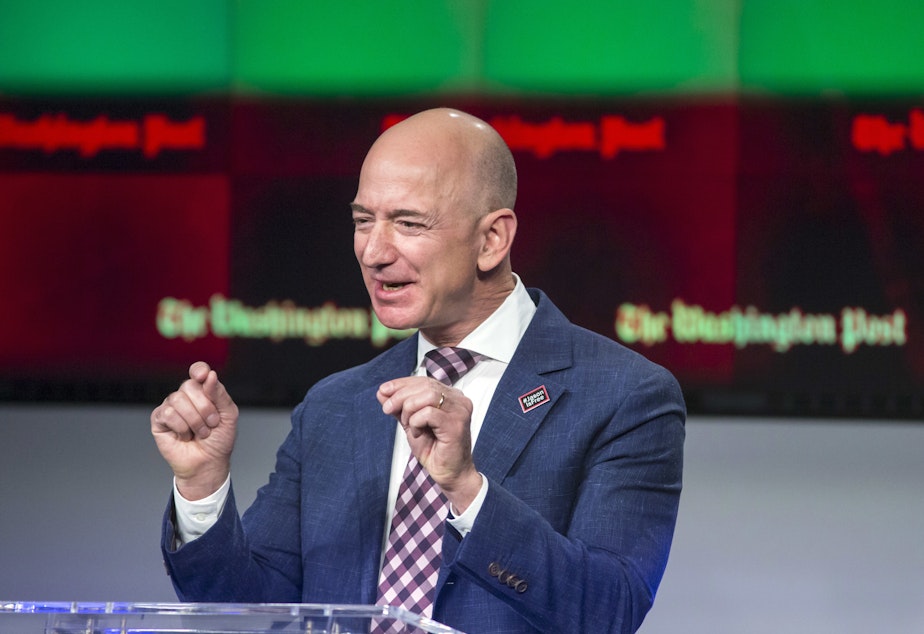 caption: Billionaire Amazon CEO and Washington Post owner Jeff Bezos.