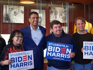 caption: Rep. Ro Khanna, D-Calif., spoke with students as a surrogate for the Biden-Harris reelection campaign at college campuses across Wisconsin, a state that had the highest youth turnout in the country in the 2022 midterms.