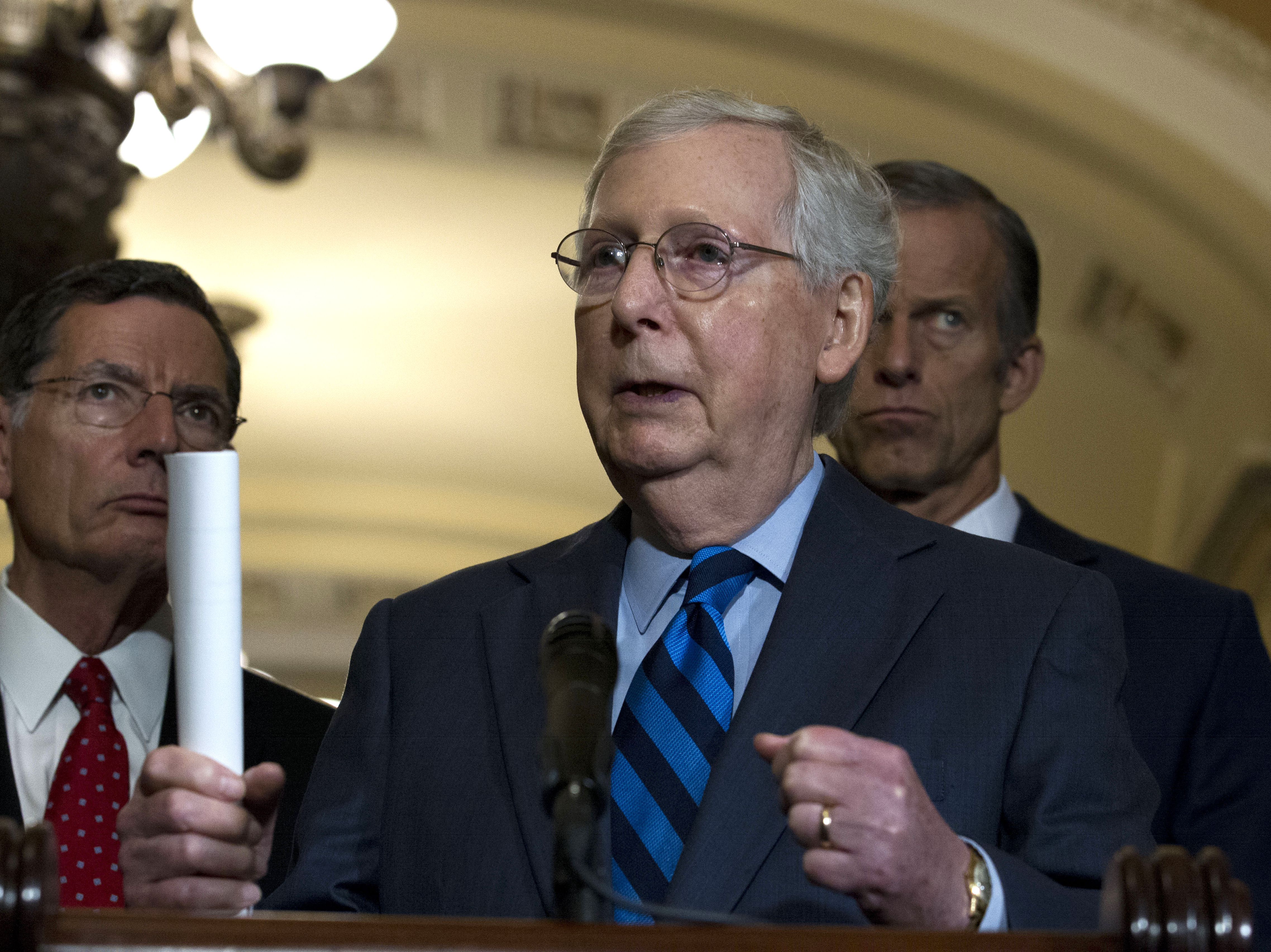 caption: Senate Majority Leader Mitch McConnell, R-Ky., speaks with the media after the Senate Policy Luncheon in Capitol Hill Wednesday.