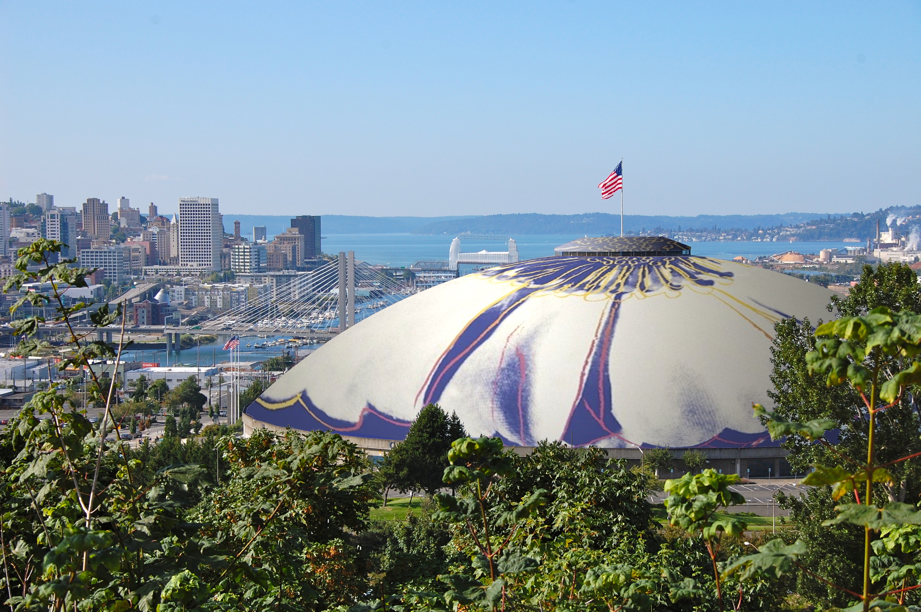 caption: Rendering of what one of the Andy Warhol flowers would look like on the Tacoma Dome.