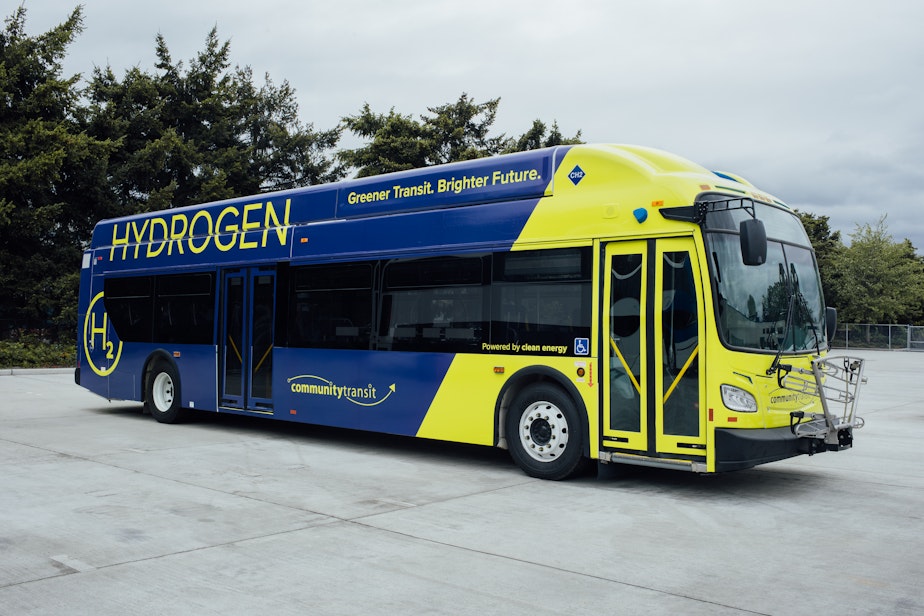 caption: Community Transit's first hydrogen-powered bus, on May 20, 2024, in Everett. Whether a hydrogen vehicle is "green" depends heavily on how its fuel is produced.