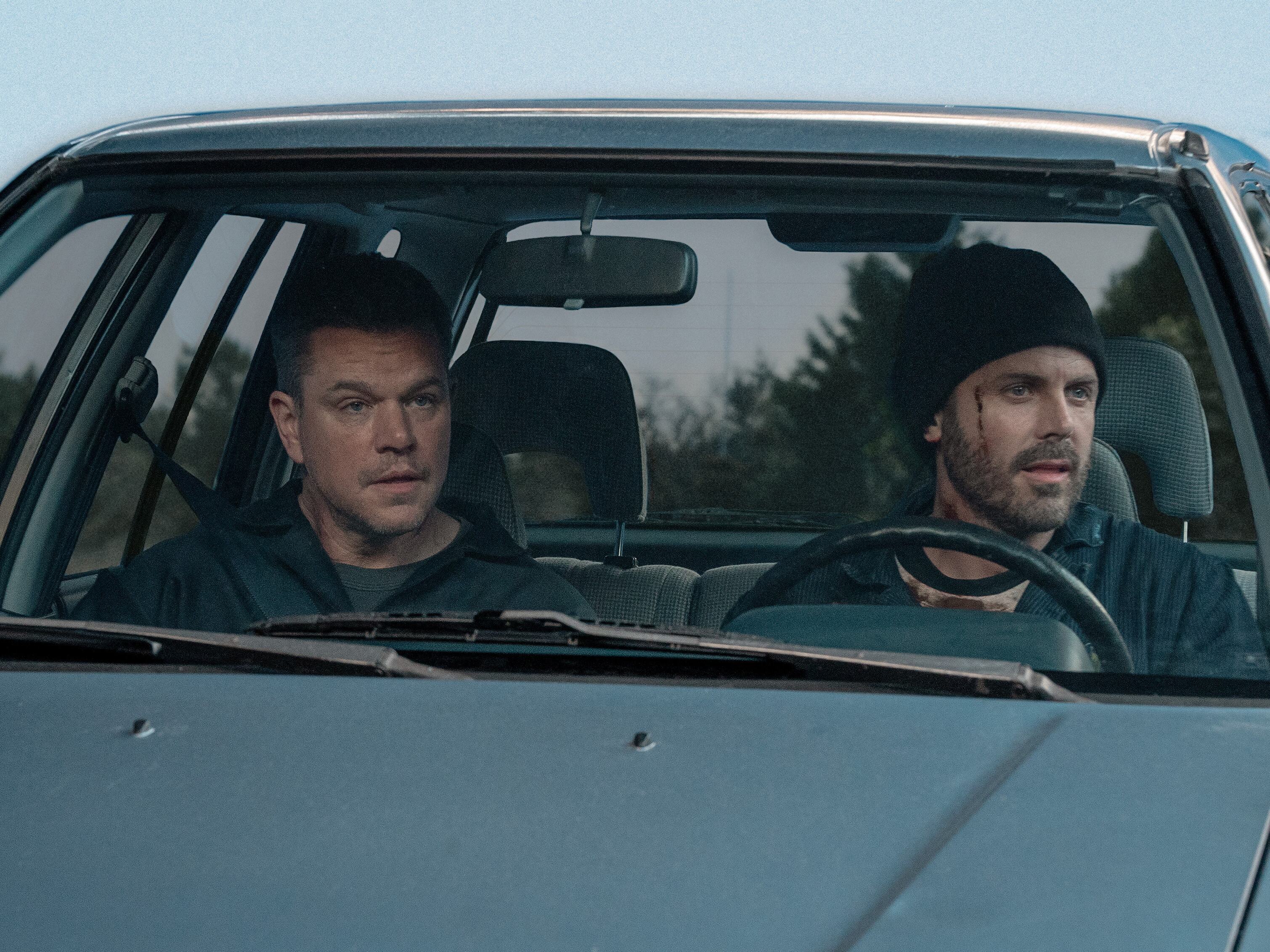 caption:  Matt Damon and Casey Affleck become uneasy partners in crime in <em>The Instigators.</em>