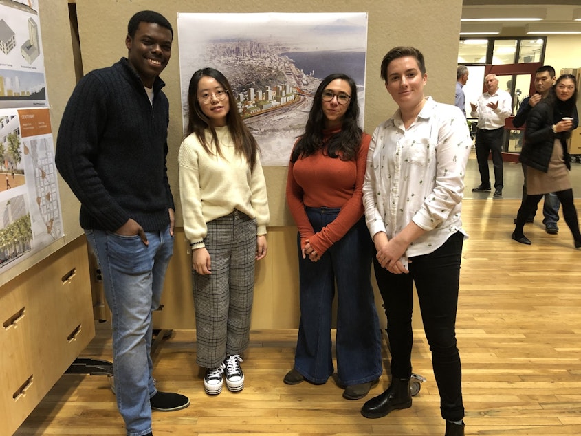 caption: UW Students Innocent Muhalia, Sarah Feng, Lauren Homer, and Margot Turek comprise one of several teams that explored big ideas for Seattle's new neighborhood in Interbay.