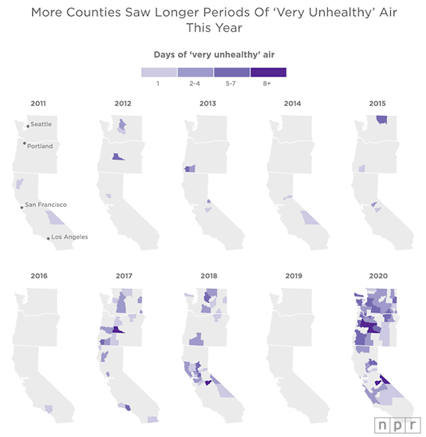 caption: People in a record number of West Coast counties have breathed "very unhealthy" air, as defined by the U.S. EPA, in 2020.