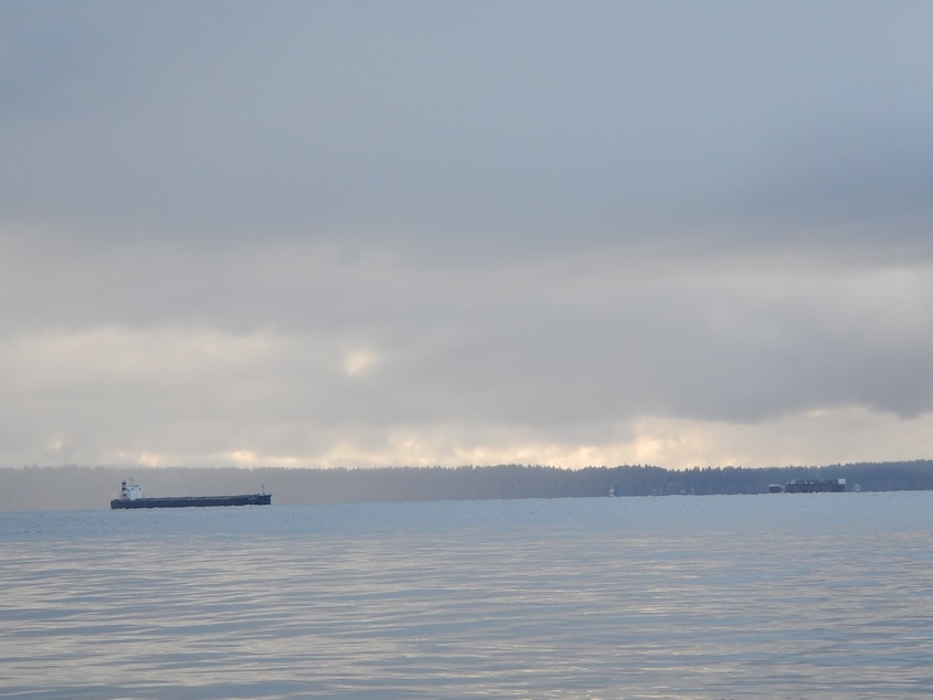 caption: An oil tanker and a container ship about to cross paths near Seattle. 