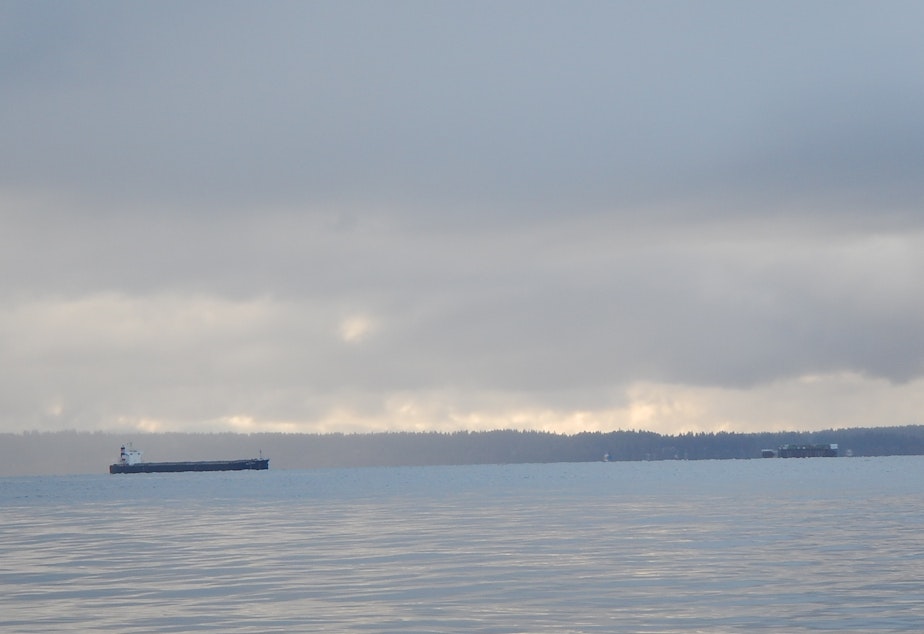 caption: An oil tanker and a container ship about to cross paths near Seattle. 
