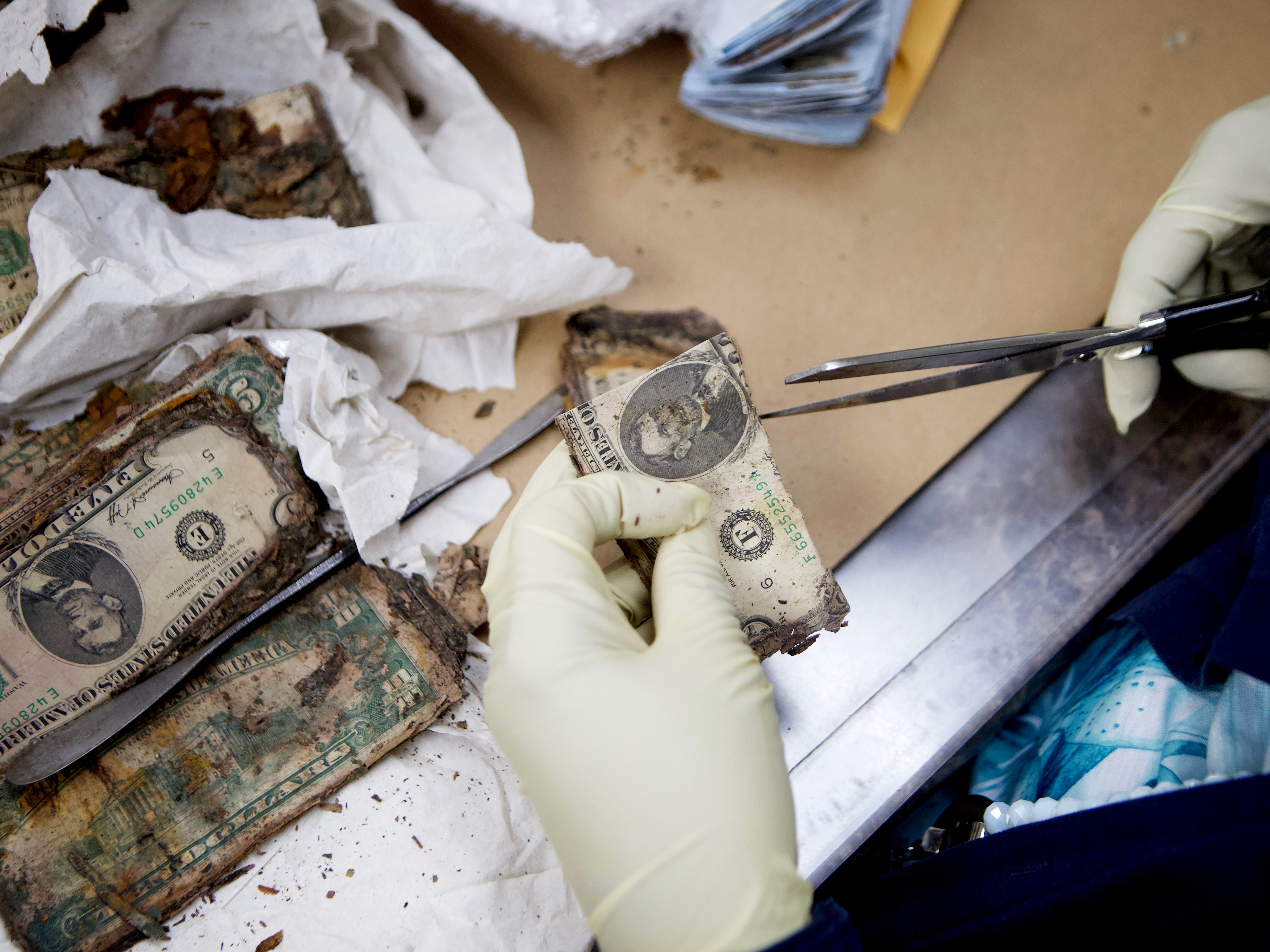 An employee of the Mutilated Currency Division cuts a damaged dollar to "duplicate" it and identify other bills with the cut fragment.