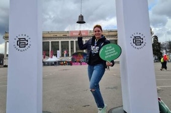 caption: Alexandra Prokopenko poses at a marathon event back in Russia. She used to run in Moscow's Meshchersky Park all the time: It was her favorite place in the city. But she's doubtful she will see it again, at least for the near future. Shortly after Russia's invasion of Ukraine, she left her country, along with hundreds of thousands of her peers.