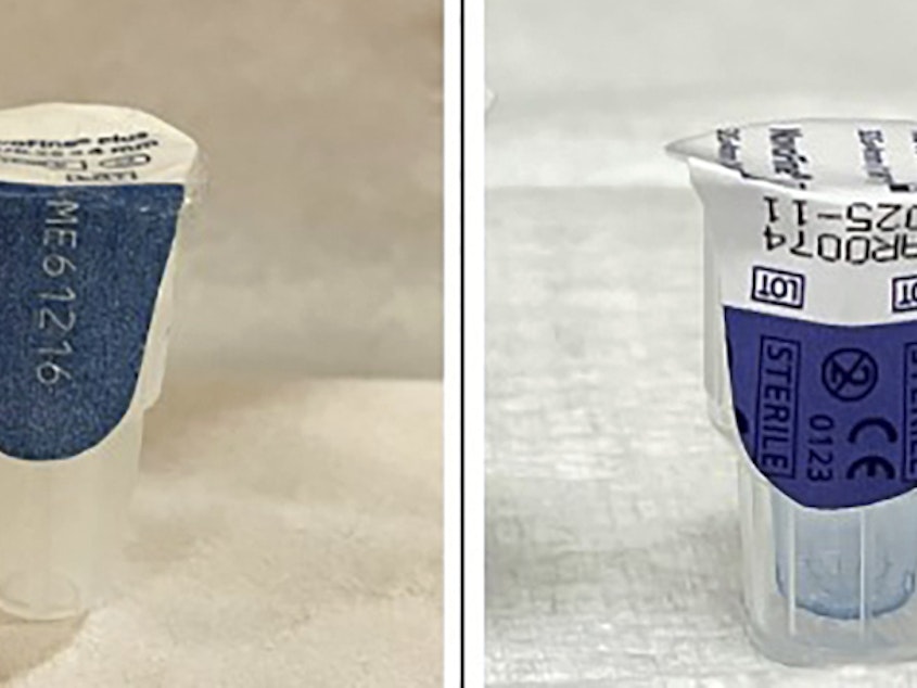 caption: This photo combo provided by the U.S. Food and Drug Administration shows an authentic Ozempic needle (left) and a counterfeit needle (right). The FDA said it has seized "thousands of units" of counterfeit Ozempic, the diabetes drug widely used for weight loss, that had been distributed through legitimate drug supply sources.