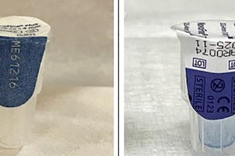 caption: This photo combo provided by the U.S. Food and Drug Administration shows an authentic Ozempic needle (left) and a counterfeit needle (right). The FDA said it has seized "thousands of units" of counterfeit Ozempic, the diabetes drug widely used for weight loss, that had been distributed through legitimate drug supply sources.
