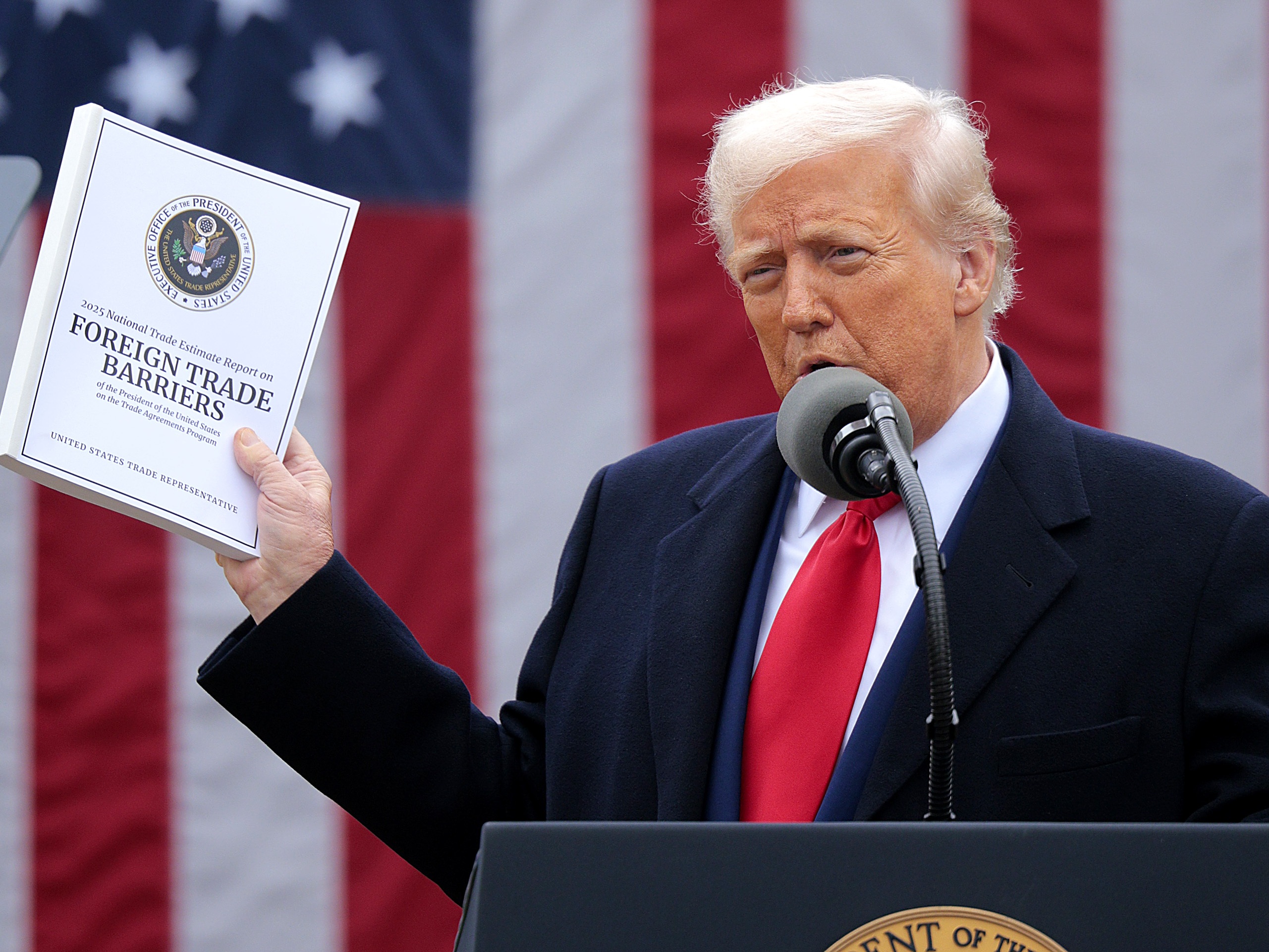 caption: President Trump speaks at an event in the Rose Garden at the White House in Washington, D.C., on April 2, 2025.