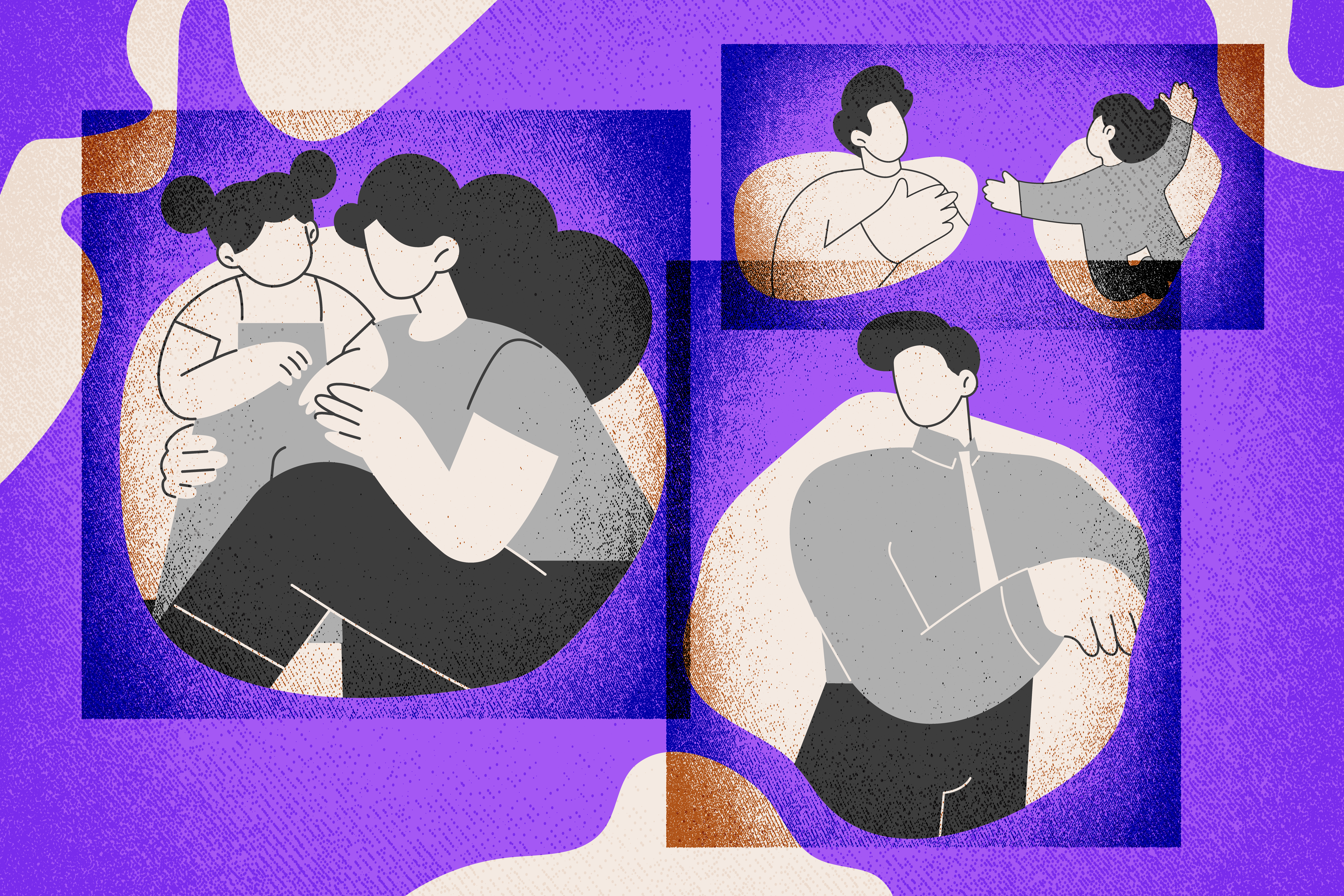 caption: Illustration of people against purple background. Assets courtesy of Istock.