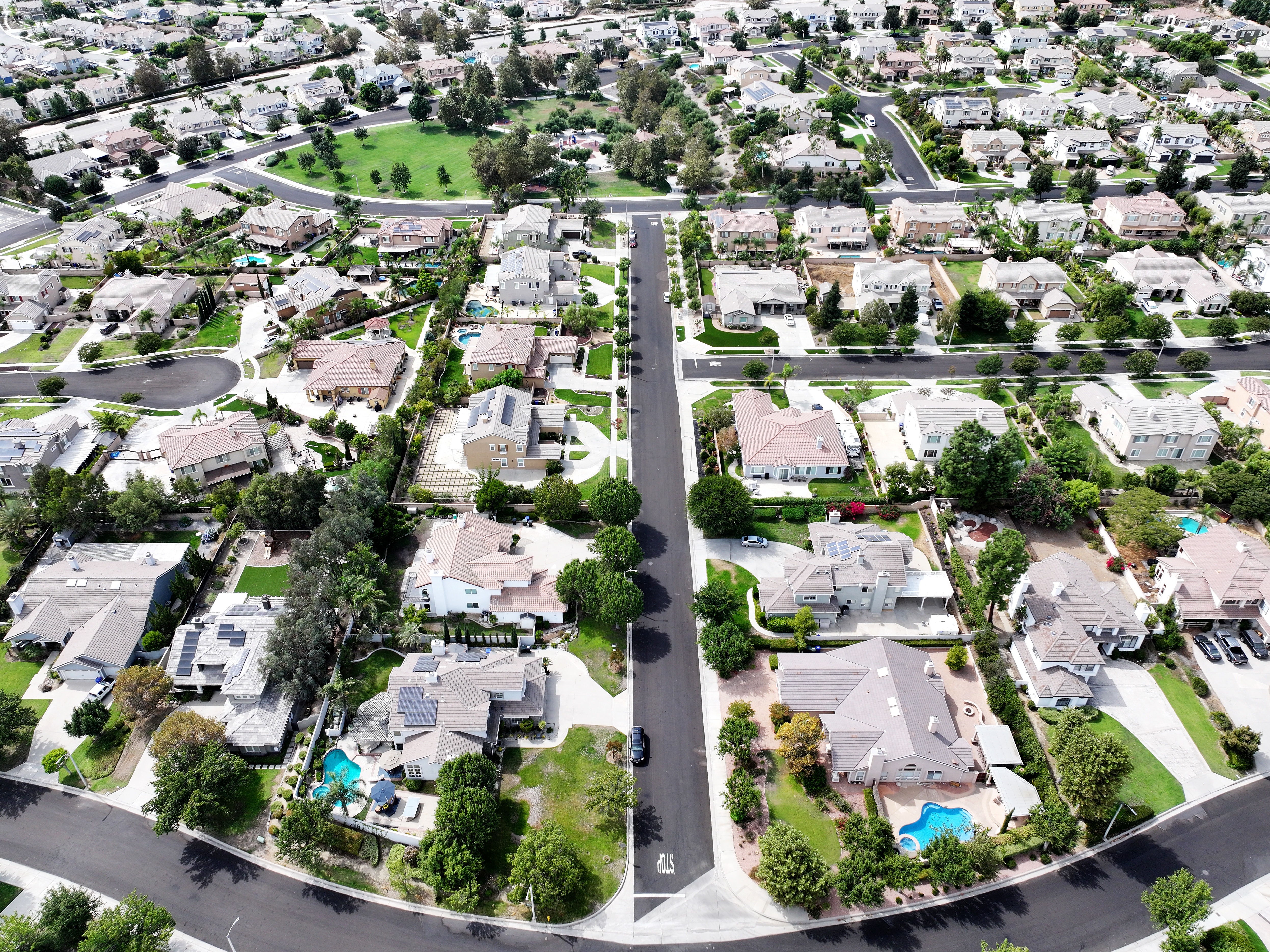 caption: An aerial view of residential homes in Rancho Cucamonga, Calif., on Sept. 17.
